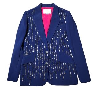 Carolina Herrera Beaded Embroidered Blazer Jacket Blue Women Size 10